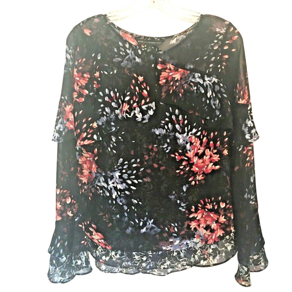 White House Black Market floral top sheer ruffles